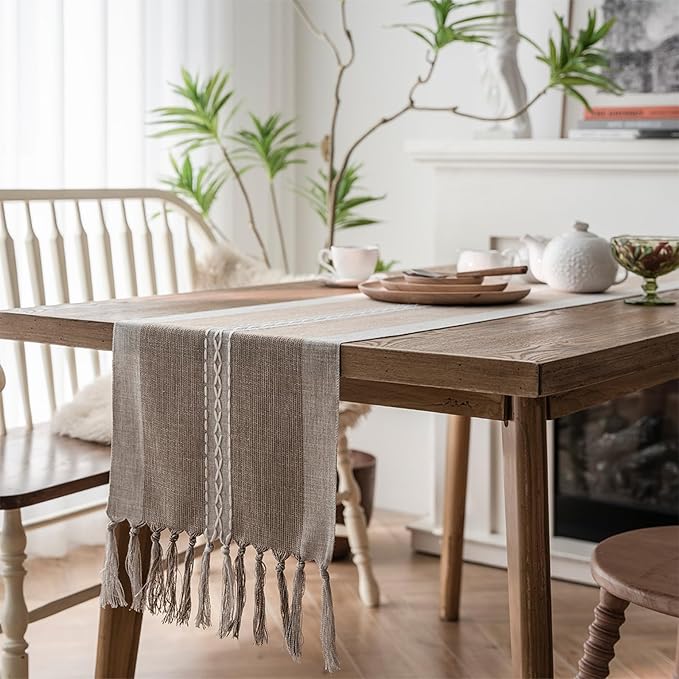Niviy Farmhouse Table Runner, Embroidered Striped Braided Coffee Boho Table Runner, Cotton Linen Farmhouse Table Decoration for Holiday Party 12 x 108 Inches