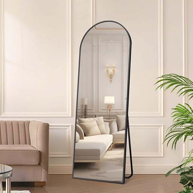 Full Length Mirror with Stand, Black Arched Full Body Mirror, Aluminum Alloy Thin Frame, Freestanding/Leaning/Wall Mount for Bedroom