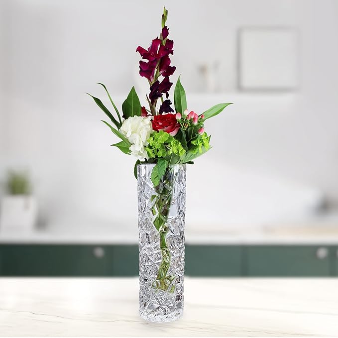 CS Crystal Vase 15-inch high, Frost Flower Design, for Flowers & Decor. Lovely Nice Shiny Piece. Perfect as a Gift, Suitable for All Occasions.