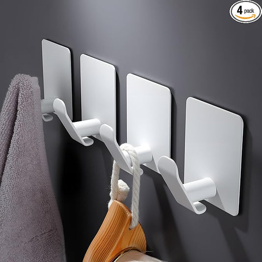 DELITON Adhesive Hooks 4 Pack - Simple White Towel Hooks for Coat, Robe and Bags, Heavy Duty Stick on Wall for Bathroom and Kitchen