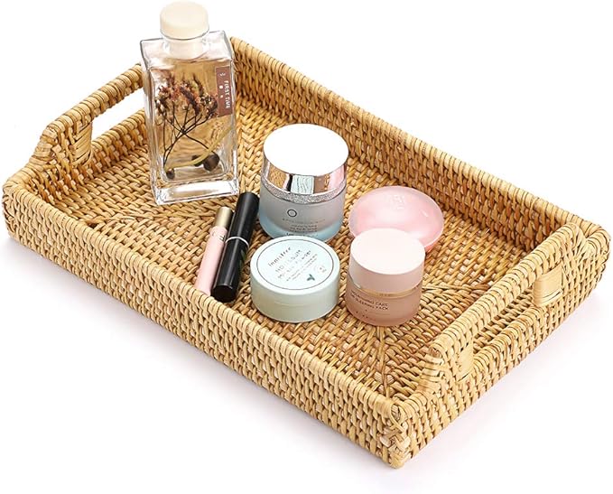 Hipiwe Rattan Serving Tray with Handles - Hand-Woven Decorative Tray for Storage Breakfast, Drinks, Snack,Rectangular Basket Organizer Tray for Coffee Table, Home Decor (Small)