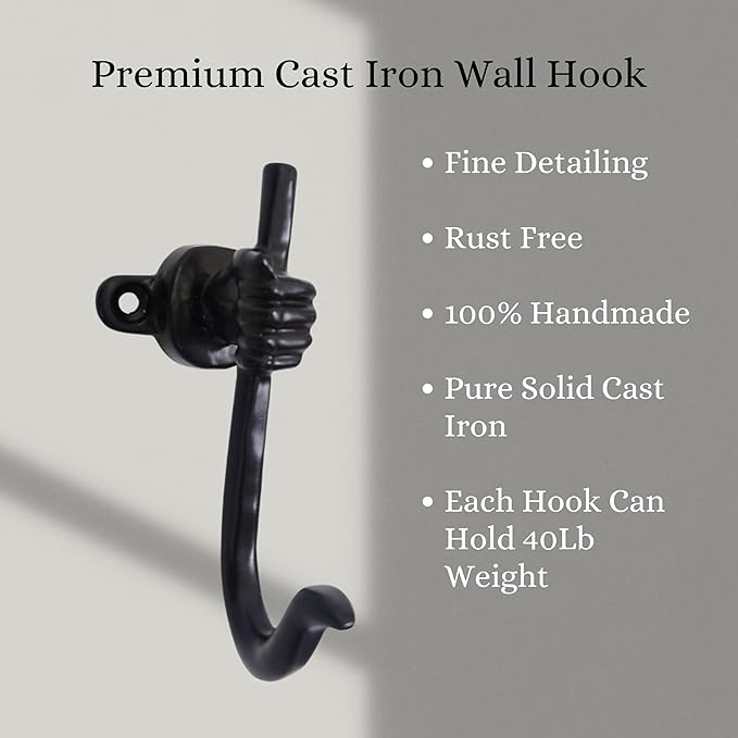 Set of 3 Cast Iron Unique Hand Hook Shape Coat Hooks Wall Art Decor-Hand Shape Hangers and Key Holder-Clothes Rack and Backpack Hanger-Coat Hooks Home Decor for Storage, Living Room (Black)