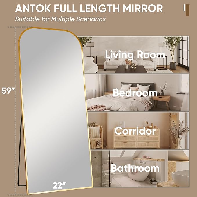 Antok Full Length Mirror, 59"x22" Floor Mirror Freestanding, Arched Floor Standing Large Mirror Full Body Mirrors with Stand for Bedroom, Hanging Mounted Mirrors for Living Room, Gold