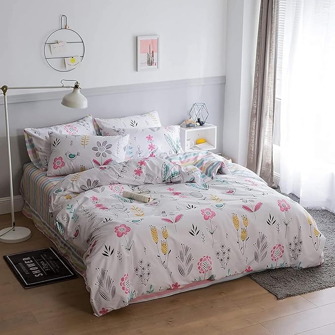 Floral Print Duvet Cover Queen Girls Floral Cotton Comforter Cover Chic Garden Flower Duvet Cover Aesthetic Bedding Sets Reversible Striped Boho Floral Comforter Cover Queen Duvet Cover with Zipper