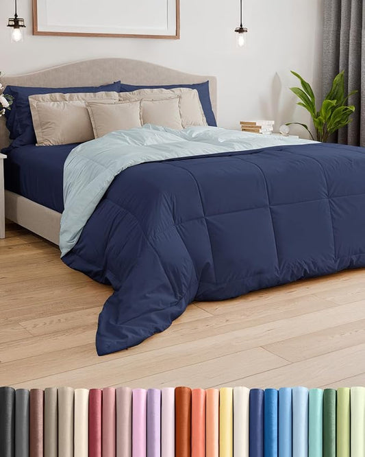 King Size, Blue & Light Blue Reversible Alternative Down Comforter - Warm Lightweight Breathable Hotel Quality Bedding Set - All Season Fluffy Cozy Oversized Cooling Microfiber Duvet Insert Comforter