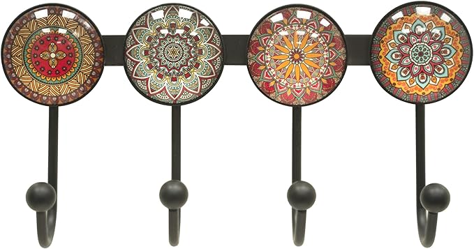 Coat Rack Wall Mounted with 4 Hooks, Round Brown Pattern Decorative Wall Hooks for Hanging Hat, Key, Towel, Purse, Bag and Robe, for Entryway Bathroom Organizer Hanger