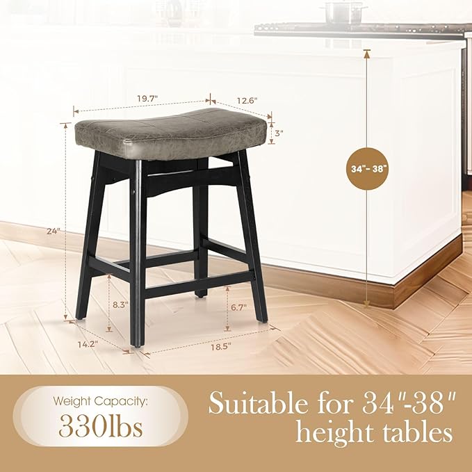 Sophia & William Counter Height Bar Stool for Kitchen Island,24" Counter Stools with Wooden Legs, Abrasive Leather Saddle Seat Bar Stool,Grey,1 PC
