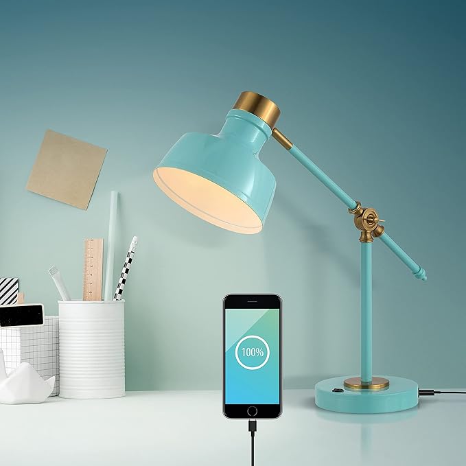 JONATHAN Y JYL7124C Allegra 18.5" Adjustable Cantilever LED Task Lamp, USB Charging Port, Classic, Coastal, Industrial, Farmhouse, Traditional for Bedroom, Living Room, Office, Cyan/Brass Gold
