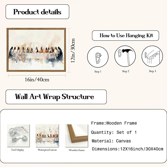 Jesus Last Supper Wall Art, Christian Wall Decor Pictures, Religious Watercolor Canvas Paintings Prints Bible Artwork for Living Room Dining Room Church Faith Decor 12x16 Inch Framed