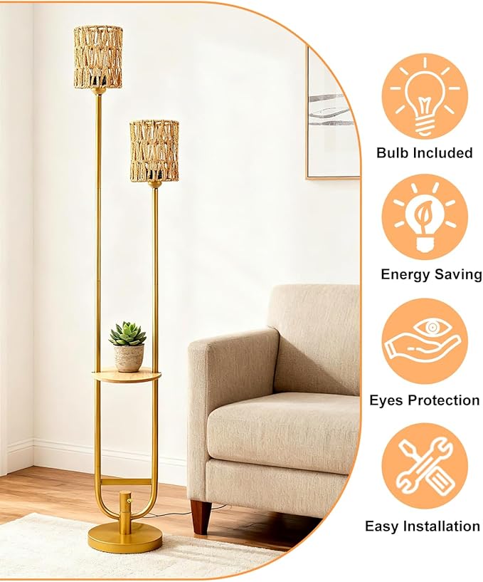 Lightdot 63IN Gold Floor Lamp with 2 Rattan Shades Mid Century Standing Lamps with Warm White LED Bulbs, Unique Vintage Tall Floor Lamp for Living Room/Wedding/Party