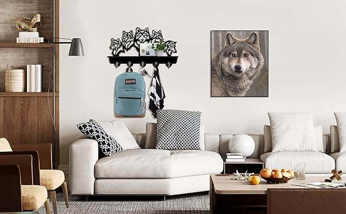KingLive Wolf Wall Mount Coat Rack,Animal Wall Shelf with Heavy Duty Coat Hooks, Home Living Room Bedroom Decor for Hallway Kitchen Office Entryway, Wolf Wall Hook Gifts for Men(5 Hooks)