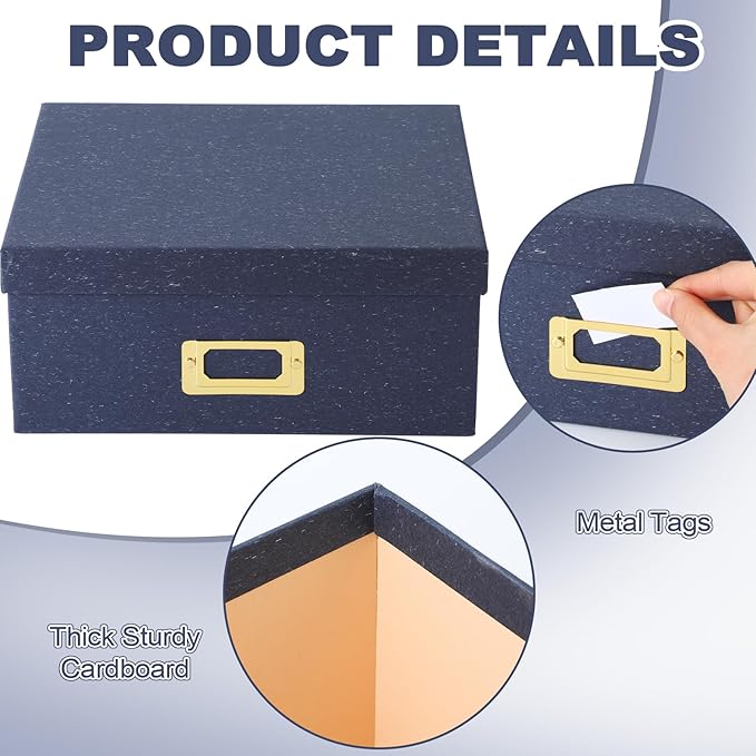 Eaasty Set of 4 Decorative Storage Boxes with Lids, Kraft Paper Boxes with Gold Label Holders, Decorative Photo Memory Keepsakes Storage, Cardboard Organizers for Home Decor, Office Organizing(Blue)