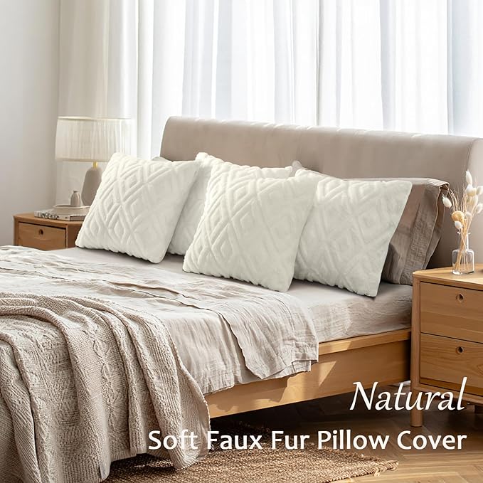 decorUhome Pack of 4 Faux Fur Throw Pillow Covers 18x18, Soft Decorative Couch Pillow Covers with Velvet Back for Modern Sofa Living Room, Cream White