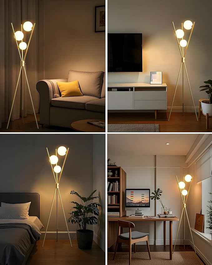 Lightdot Globe Modern Floor Lamp Stepless Dimmable Gold Tripod Standing Lamps with 3PCS 3000K G9 Bulbs Stable Based Mid Century Modern Floor Lamp for Living Room/Bedroom