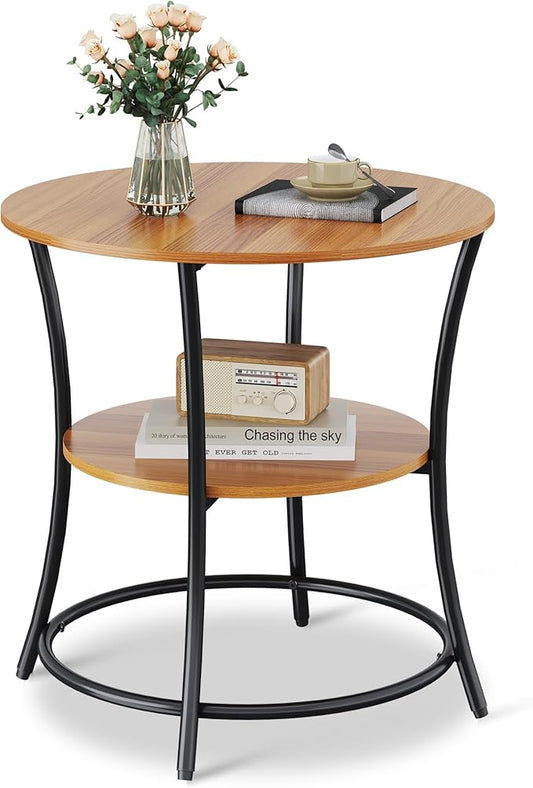 WLIVE Side Table, Round End Table with 2 Storage Shelves for Living Room, Bedroom, Nightstand with Steel Frame for Small Spaces, Accent Coffee Table, Rustic Walnut