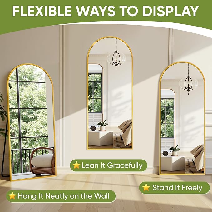 Full-Length Floor Mirror with Stand, 58"x19" Arched Style Full Body Standing Mirror for Bedroom, Living Room, Gym, Dorm - Shatter-Resistant & Easy Assembly, Gold