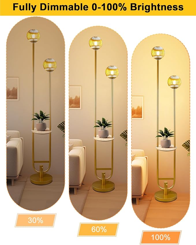 ACOHOOK Glass Floor Lamp with Tray, Gold Dimmable Globe Floor Lamp for Wedding/Party, 2Pcs 3000K Soft Warm White Bulbs Included, Mid Century Modern Standing Lamps for Living Room Bedroom