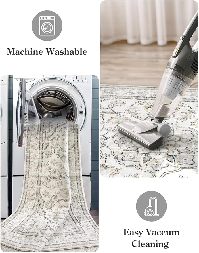 Lahome Beige Area Rug 5x7 Non Slip Washable Oriental Traditional Distressed Rugs for Bedroom Soft Low Pile Neutral Modern Farmhouse Decor Vintage Living Room Indoor Floor Accent Carpet