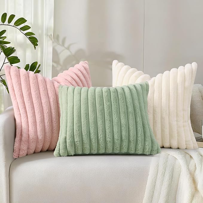 decorUhome Faux Fur Spring Throw Pillow Covers 18x18 Set of 2, Decorative Soft Plush Striped Neutral Couch Pillow Covers with Velvet Back for Sofa, Bed, Living Room Home, Sage Green