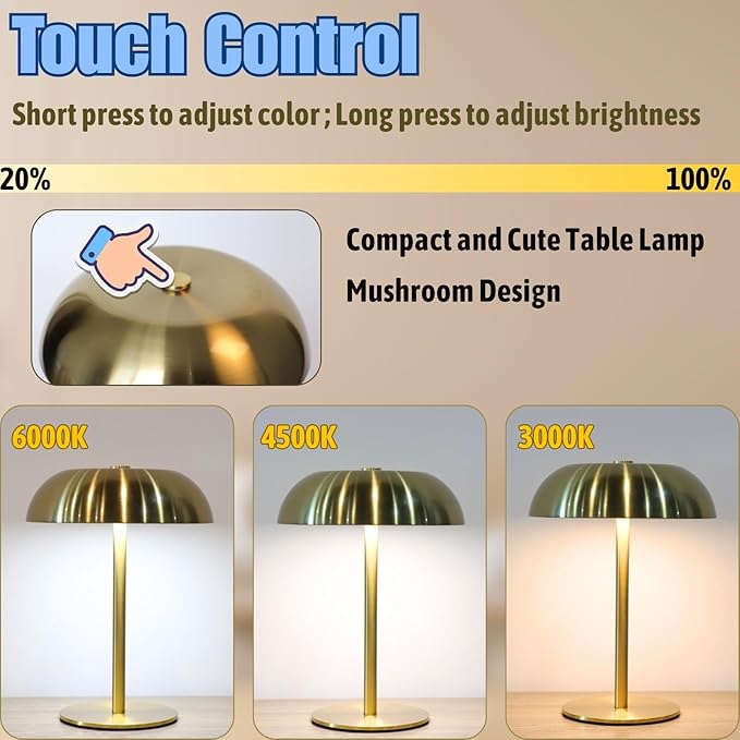 Portable LED Mushroom Table Lamp, Cordless Desk Night Light with 5200mAh Rechargeable Battery, Stepless Dimming Small Lamp with 3 Colors and Brightness Control for Bedroom/Bar/Coffee shop (Silver)