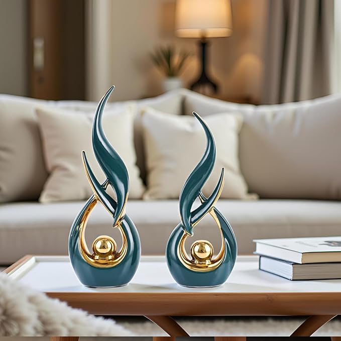 XMGZQ Gold Ceramic Abstract 2 Piece Statue Set,Mid Century Modern Abstract Art Home Decor Statue Mantelpiece on Unique Shelf Decor, TV Cabinet Divider Table top and Dining Table Centerpiece (Green)