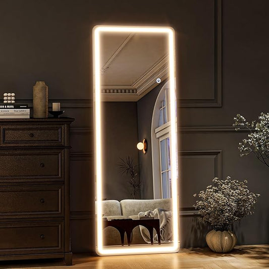 HARRITPURE 60"x16" Full Length Mirror with LED Lights - LED Rectangle Mirrors, Rounded Corner Floor Mirrors with Stand for Bedroom/Cloakroom -Dimmable & 3 Color Lighting/Wall Mounted