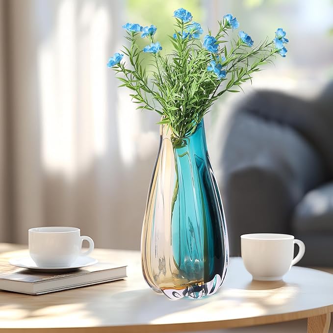 Hand Blown Glass Vase, Medium Wide Mouth Flower Vase Unique Modern Turquoise Glass Art Decor, Nonbreakable Vases for Table Centerpieces Living Room Decorative Amber and Teal Vase