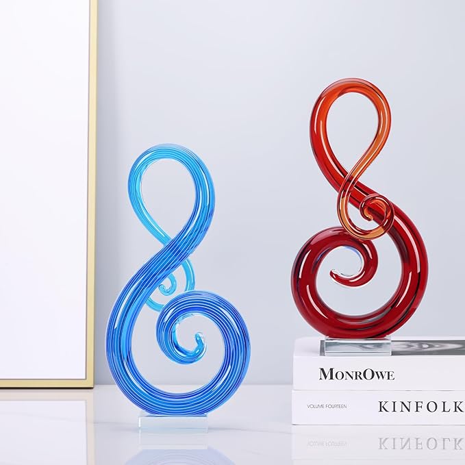 LCCCK 13" H Large Glass Sculpture Blue Hand Blown Glass Figurines Art Music Decor, Modern Red Glasses Decor Crystals Statue Knick Knacks- for Luxury Home Living Room Office Console Table Decoration