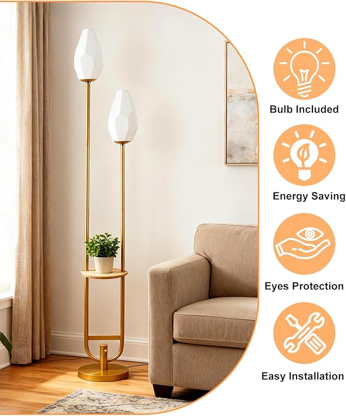 Lightdot 63IN Gold Floor Lamp with Shelf, Mid Century U-Shaped Tall Standing Lamps with 2 Rock-Shaped Lampshades, 3000K Warm White Unique Modern Dimmable Floor Lamp for Living Room/Bedroom