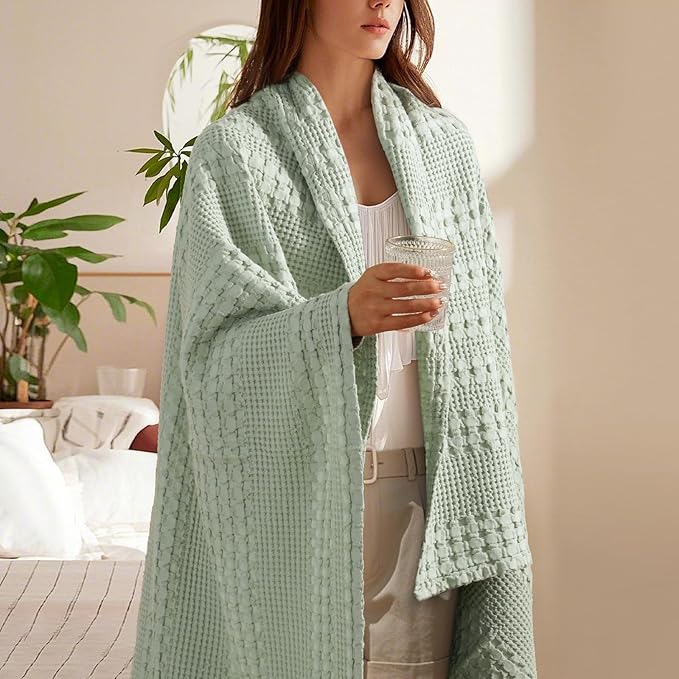 PHF 100% Cotton Waffle Weave Throw Blanket, Soft Lightweight Breathable Cozy Throws for Couch Bed Sofa, 300 GSM Luxury Aesthetic Blanket Gift for Home Decor & Office, 50"x60", Mint Green