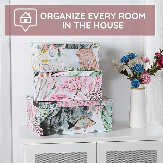 Soul & Lane Ocean Treasures Modern Home Décor Keepsake Boxes - Set of 3: Beach-Themed Photo Storage with Lids, Decorative Cardboard Nesting Gift Containers, Paper Mache Rectangle Boxes