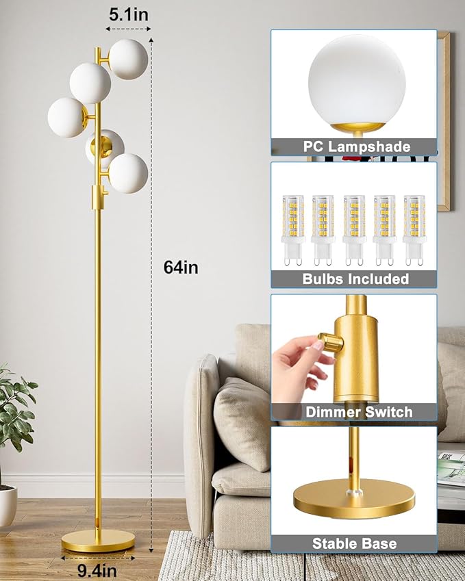 ACOHOOK Dimmable Gold Floor Lamp, 64IN Tall Standing Lamps with 5 Globe Soft Warm White Eye Care 3000K G9 Bulbs, Mid Century Modern Floor Lamp for Living Room Bedroom Office