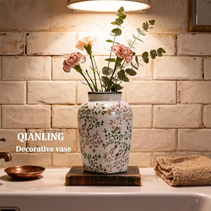 Green and White Vintage Vase - 9.7 Inchs Chinoiserie Decor Crackle Finish Floral Vase, Rustic Farmhouse Decorative Vases for Table, Living Room, Bathroom, Shelf Decor, Mantel, Centerpieces