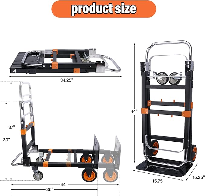 Upgraded 3 in 1 Folding Hand Truck, 500lbs Capacity Heavy Duty Convertible Dolly cart with Rubber Wheels, Collapsible Hand Truck Foldable with Telescopic Handle, Trolley for Moving, Office, Warehouse