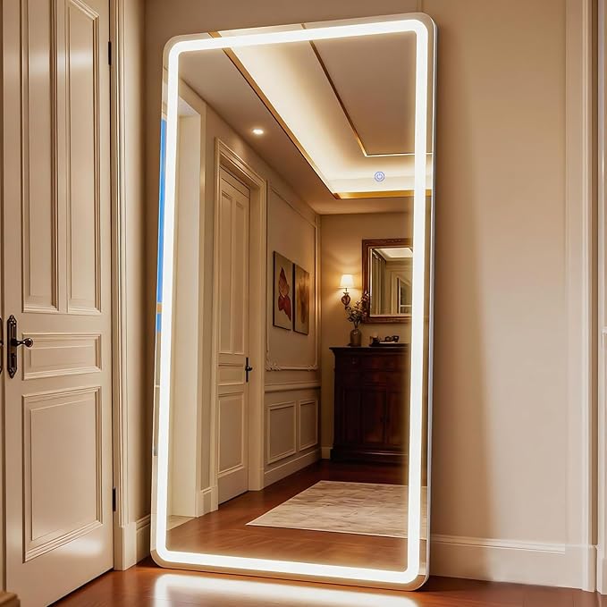 Led Mirror Full Length 16 x 60 Inch Tempered Glass Full Body Mirrors with Dimming & 3 Color Lighting Standing Leaning or Hanging Full Length led Mirrors for Bedroom Dressing Room Rect