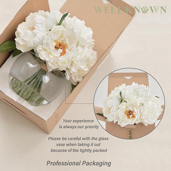 Artificial Flowers in Vase, Silk White Peonies Flowers with Globe Glass Vase & Faux Water, Fake Flower Arrangement for Home Dining Table Centerpieces Winter Spring Chritmas Wedding Party Decor Gift