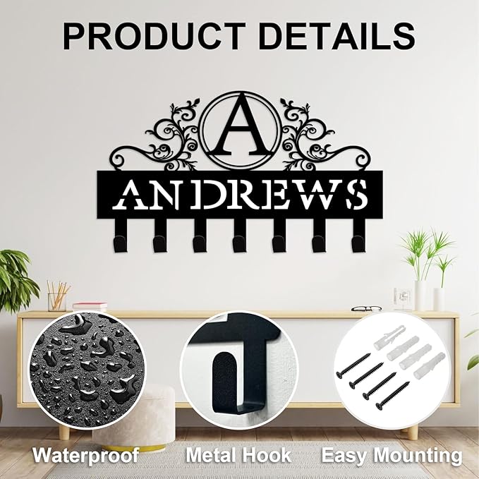 Custom Key Holder for Wall Personalized Metal Key Hook Key Organizer Rack Key Hanger Home Decor for Entryway, Garden, Bathroom, Kitchen, Garage (Monogram)