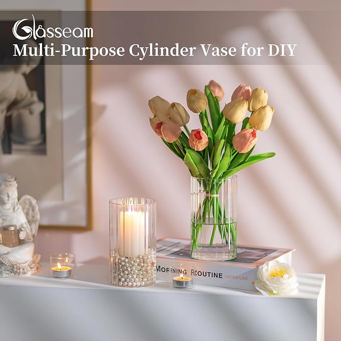 Glasseam Glass Cylinder Vases for Centerpieces: 6pcs Clear Ribbed Flower Vases for Pillar Candle - 6 Inch Modern Hurricane Floating Candle Holder for Wedding Table Centerpieces Living Room Home Decor