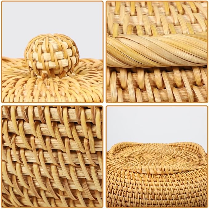 Handwoven Rattan Storage Basket with Lid – Picnic Bread Fruit Snack Multi-Purpose Organizer Bin for Kitchen, Pantry, Living Room, Home Décor