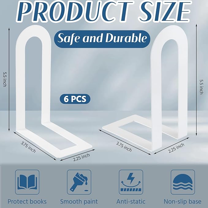 Chunful 6 Pcs Modern Metal Book Ends for Shelves Decorative Small Bookends Book Shelf Organizer Minimalist Design Stopper to Hold Books for Home Office (5.5 * 3.75 * 2.25inch,White)