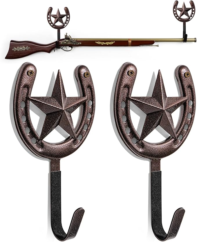 Adowes Gun Rack for Wall Western Shotgun Rifle Rack Wall Mount Metal Wall Gun Hanger Holder Display for Sword Bow Firearm Texas Star and Horseshoe