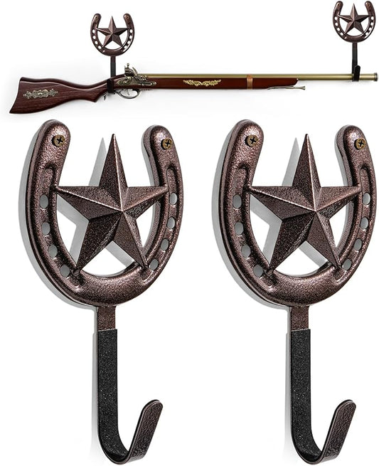 Adowes Gun Rack for Wall Western Shotgun Rifle Rack Wall Mount Metal Wall Gun Hanger Holder Display for Sword Bow Firearm Texas Star and Horseshoe