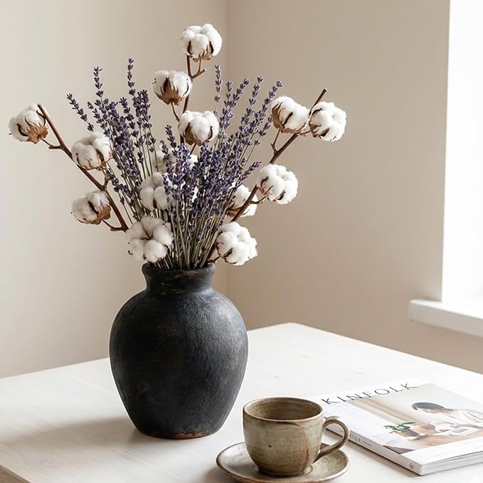 Ceramic Vase, 6 inch Minimalist Rustic Farmhouse Terracotta Vase for Home Decor, Table, Living Room, Entryway, Shelf, Mantel Decoration (Black)