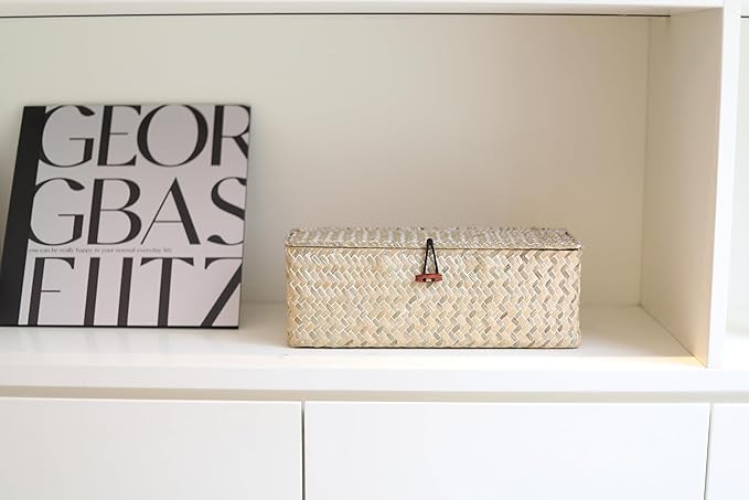 3 Section Seagrass Storage Basket, Handmade Shelf Baskets with Lid for Bathroom/Closet/Livingroom