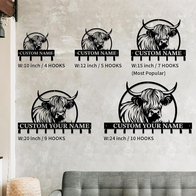 magilab Personalized Custom Highland Cow Wall Hooks,Metal Highland Cow Art Clothes Hooks,Metal Highland Cow Wall Home Storage Decorative,for Front Door, Hallway, Kitchen, Bedroom,Keys,Hats (Style K)