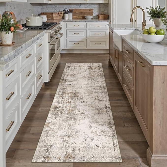WondRg 3x7 Washable Runner Rug Brown Grey Abstract Hallway Kitchen Throw Rug Neutral Modern Non Slip Soft Low Pile Carpet for Bathroom Laundry Bedroom Living Room