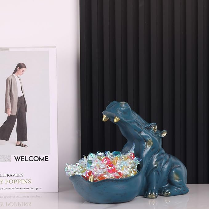 Hippo Figurine Candy Dish & Key Bowl - Unique Resin Hippopotamus Statue for Office Desk & Entry Table Decor - Multifunctional Sundries Container, Jewelry Stand, and Wallet Holder - Cute Hippo Gifts