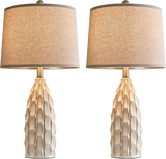 Ceramic Table Lamps Set of 2, 23.75" Modern Farmhouse Bedside Lamp - Cream Nightstand Lamps for Bedroom, Boho Living Room End Tables, Small Office Desk Lamp Decor