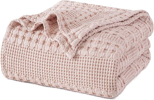 PHF 100% Cotton Waffle Weave Blanket King Size for Bed, Soft Lightweight & Breathable, All-Season Comfort, 300 GSM Luxury Aesthetic Blanket for Home Decor, 108"x90", Pink/Mauve
