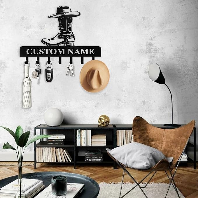 Personalized Cowboy Coat Hooks, Cowboy Boots Key Holder Wall Mount, Clothes Cowboy Hat Rack and Backpack Hanger, Western Wall Decor, Metal Key Rack Organizer for Living Room Kitchen Color02